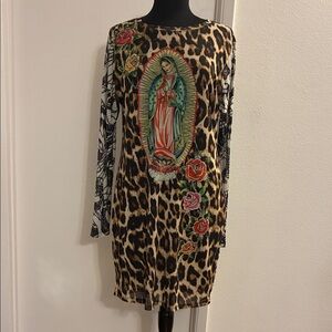 Ed Hardy Leopard Print Stretch Mini Dress with Tattoo Mary Roses Motif 1X
